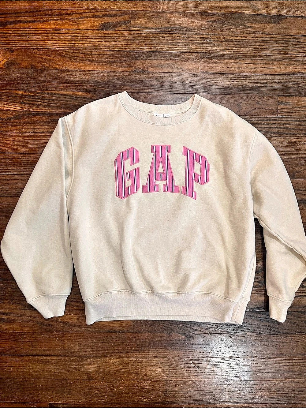 Gap Logo Cozy Crewneck Sweatshirt Cream & Pink Size Medium Striped Like New